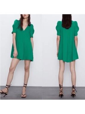 Zara Green Short Puff-Sleeve V-Neck Mini Dress